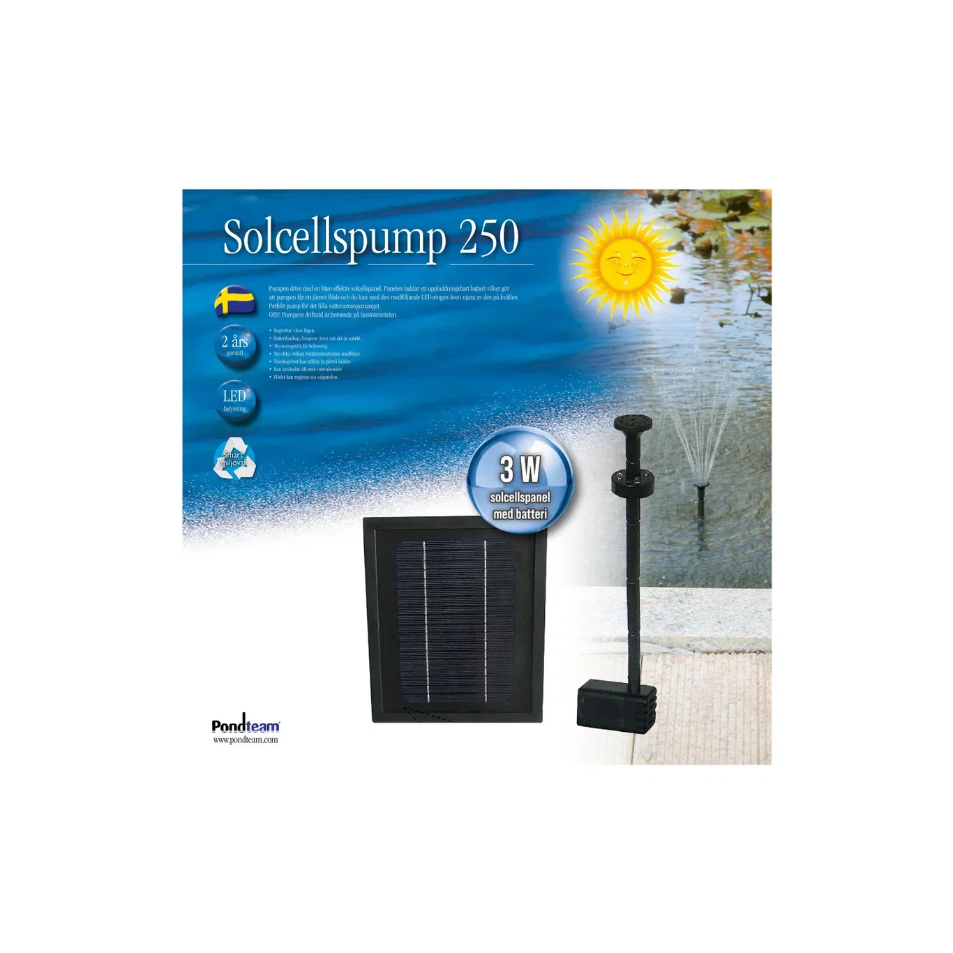 Fontän med solcellspump och LED-ljus